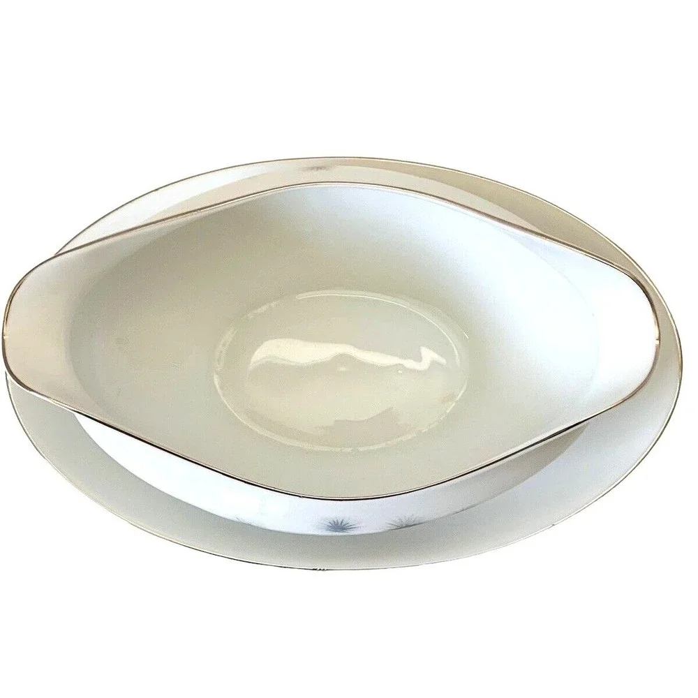 Fine China Creative Platinum Star Burst Gravy Boat w/ Attached Underplate Japan